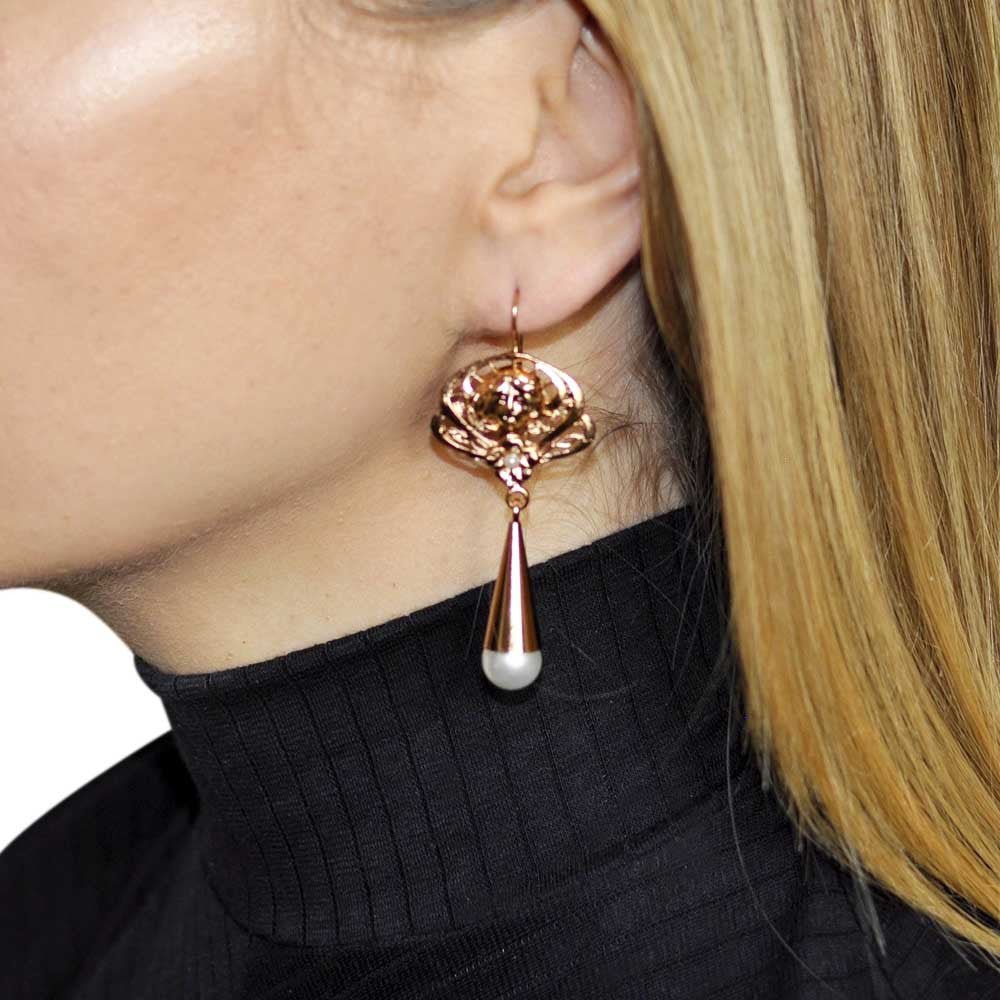 ART NOUVEAU PERLE BOUCLES D'OREILLES ART DECO BOUCLES D'OREILLES OR ROSE VENITIEN 14 CARATS, BOUCLES D'OREILLES PERLE - MY LITTLE VENDOME