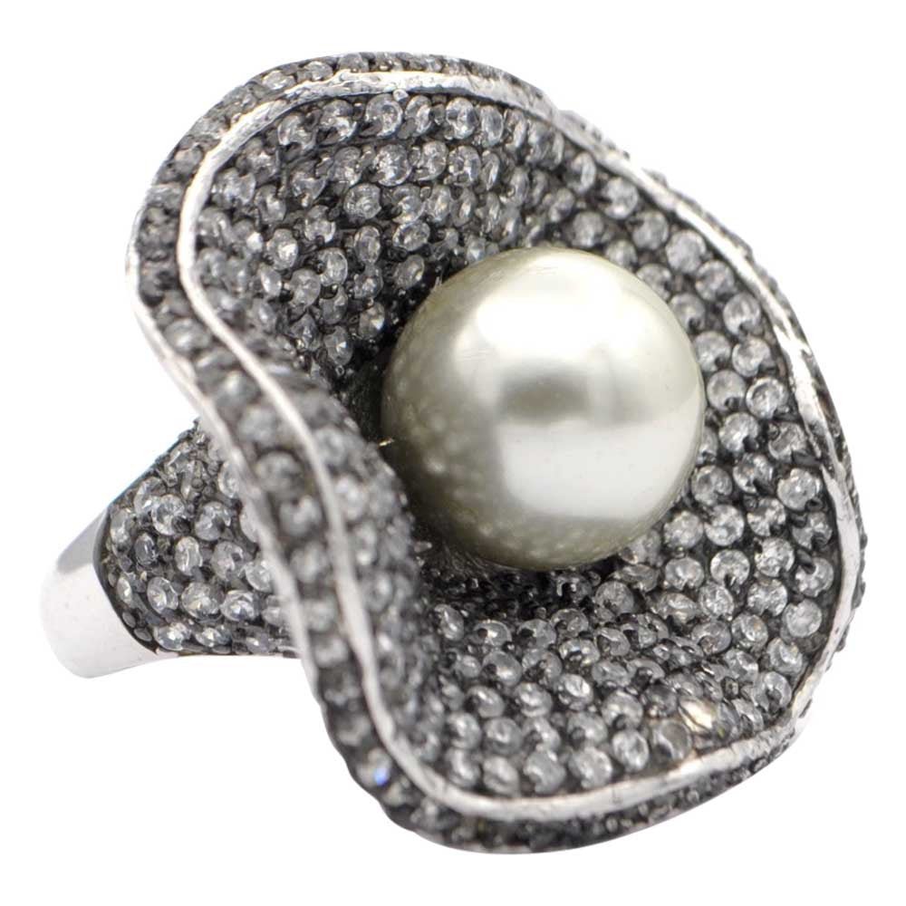 BAGUE FLEUR PERLE GRISE & CRISTAUX NATURELS - MY LITTLE VENDOME