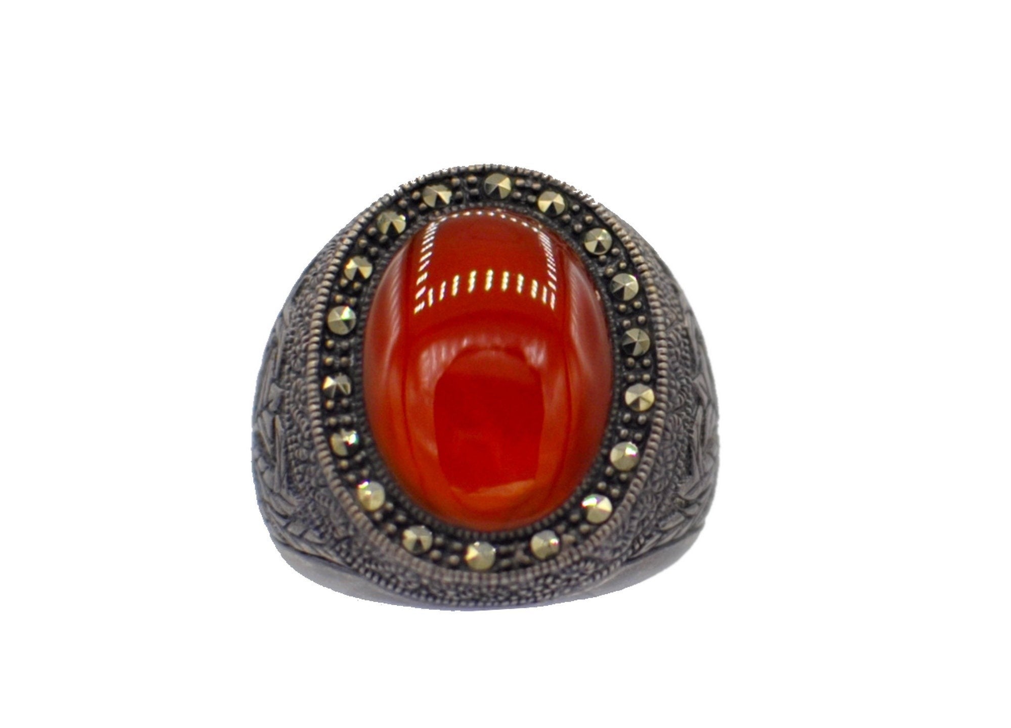 BAGUE VINTAGE CHEVALIERE CABOCHON AGATE ROUGE EN ARGENT 925 ET PIERRES SEMI PRÉCIEUSES - MY LITTLE VENDOME