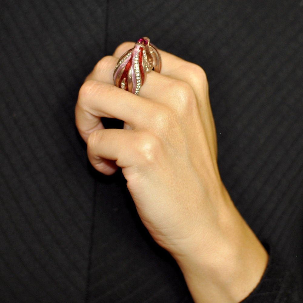 BAGUE VINTAGE ÉMAILLÉE OR ROSE VERMEIL ET QUARTZ ROSE - MY LITTLE VENDOME