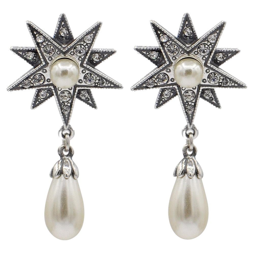 BOUCLE D'OREILLE ETOILE ART DÉCO EN ARGENT 925, PERLE NATURELLE ET PIERRES SEMI PRÉCIEUSES - MY LITTLE VENDOME