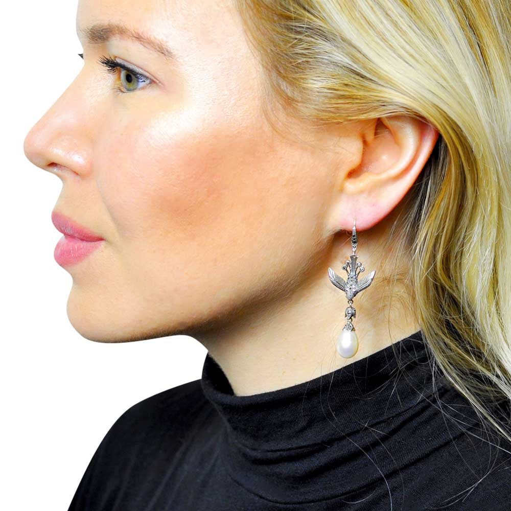 BOUCLE D'OREILLE PERLE NATURELLE ET OISEAU EN ARGENT 925 ET MARCASSITE - MY LITTLE VENDOME