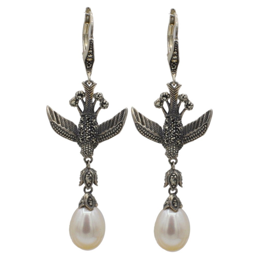 BOUCLE D'OREILLE PERLE NATURELLE ET OISEAU EN ARGENT 925 ET MARCASSITE - MY LITTLE VENDOME