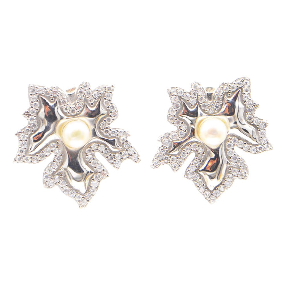 BOUCLE OREILLE FEUILLE ARGENT & PERLE - CRISTAL DE ROCHE NATUREL - MY LITTLE VENDOME