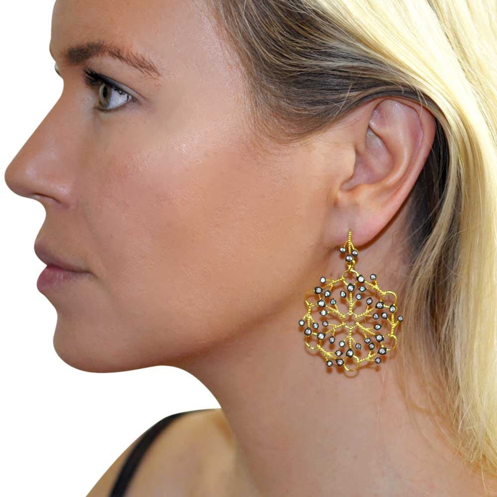 BOUCLES D'OREILLES EN OR 14 CARATS ET ARGENT 925 FAÇON DENTELLE ET PIERRES NATURELLES ET SEMI PRÉCIEUSES - MY LITTLE VENDOME