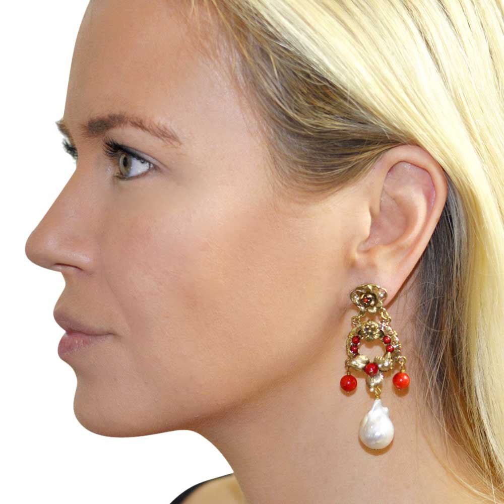 BOUCLES D'OREILLES VINTAGE DE STYLE VICTORIEN EN BAKÉLITE ROUGE ET PERLES NATURELLES BAROQUES - MY LITTLE VENDOME