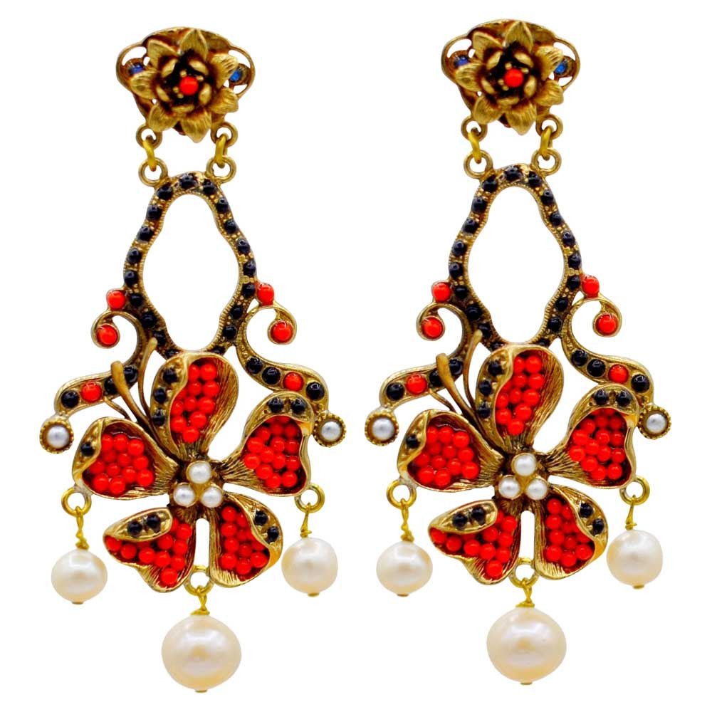 BOUCLES D'OREILLES VINTAGE DE STYLE VICTORIEN EN CORAIL ROUGE ET PERLES NATURELLES - MY LITTLE VENDOME