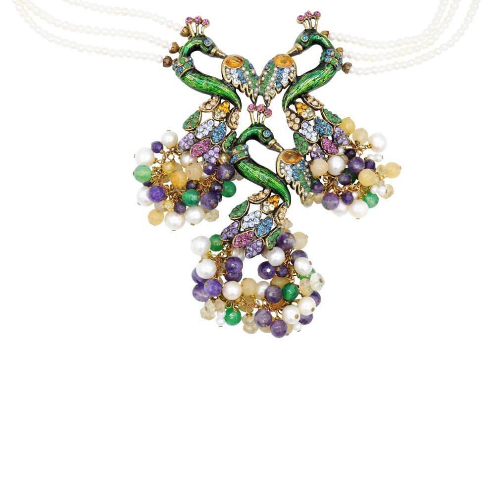 COLLIER 3 PAONS VINTAGE - CITRINE, AMÉTHYSTE, PERLES - MY LITTLE VENDOME