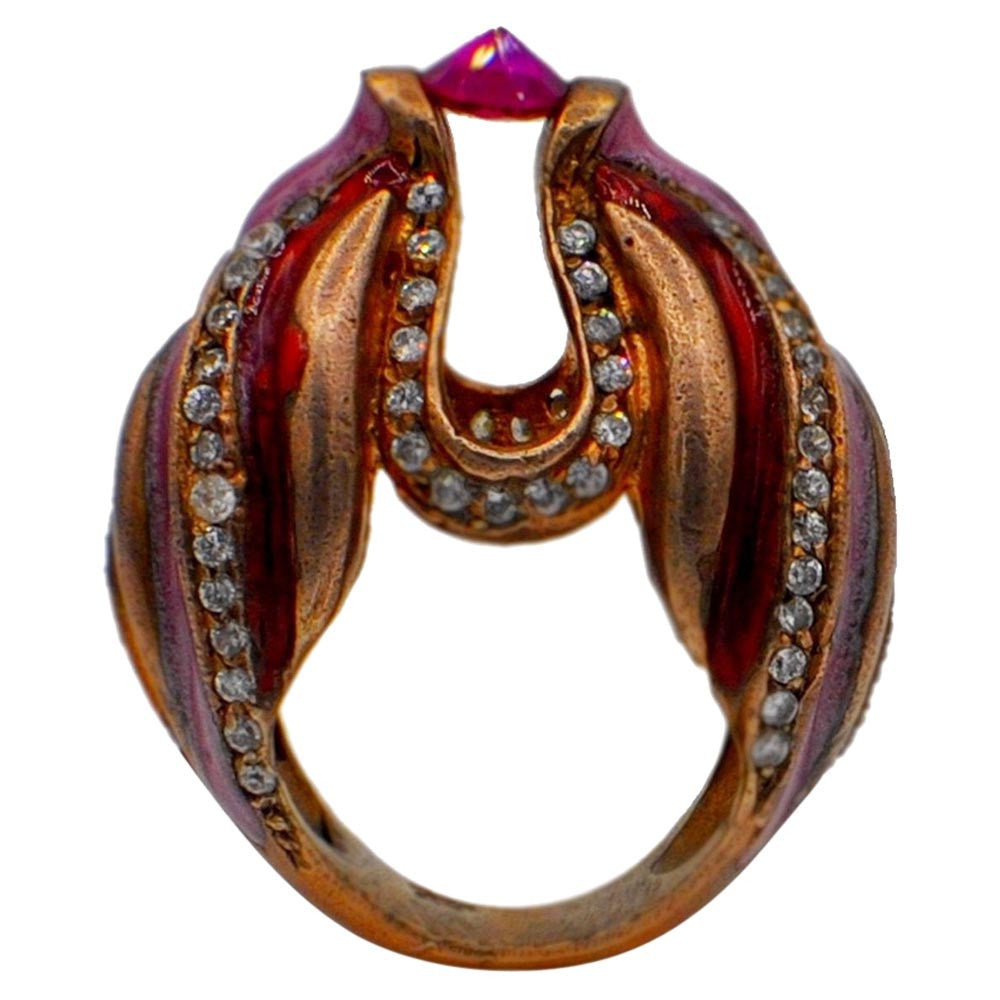 BAGUE VINTAGE ÉMAILLÉE OR ROSE VERMEIL ET QUARTZ ROSE - MY LITTLE VENDOME