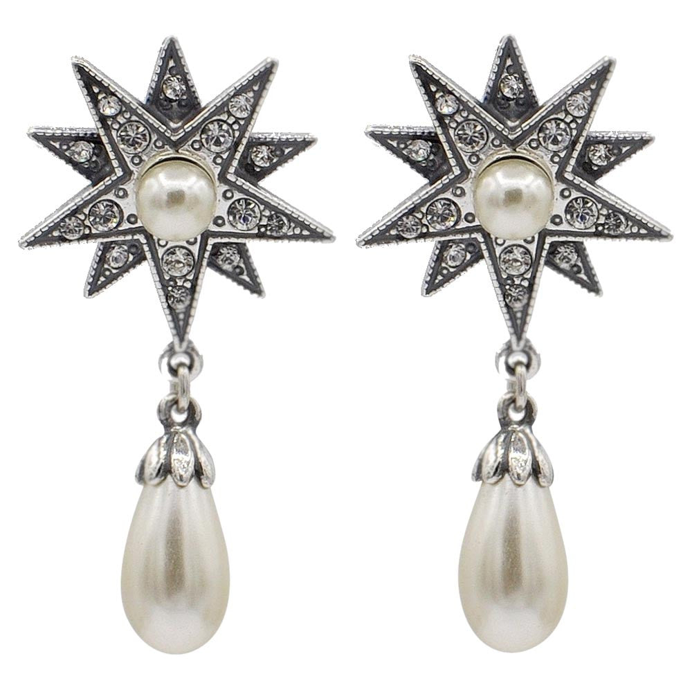 BOUCLE D'OREILLE ETOILE ART DÉCO EN ARGENT 925, PERLE NATURELLE ET PIERRES SEMI PRÉCIEUSES - MY LITTLE VENDOME