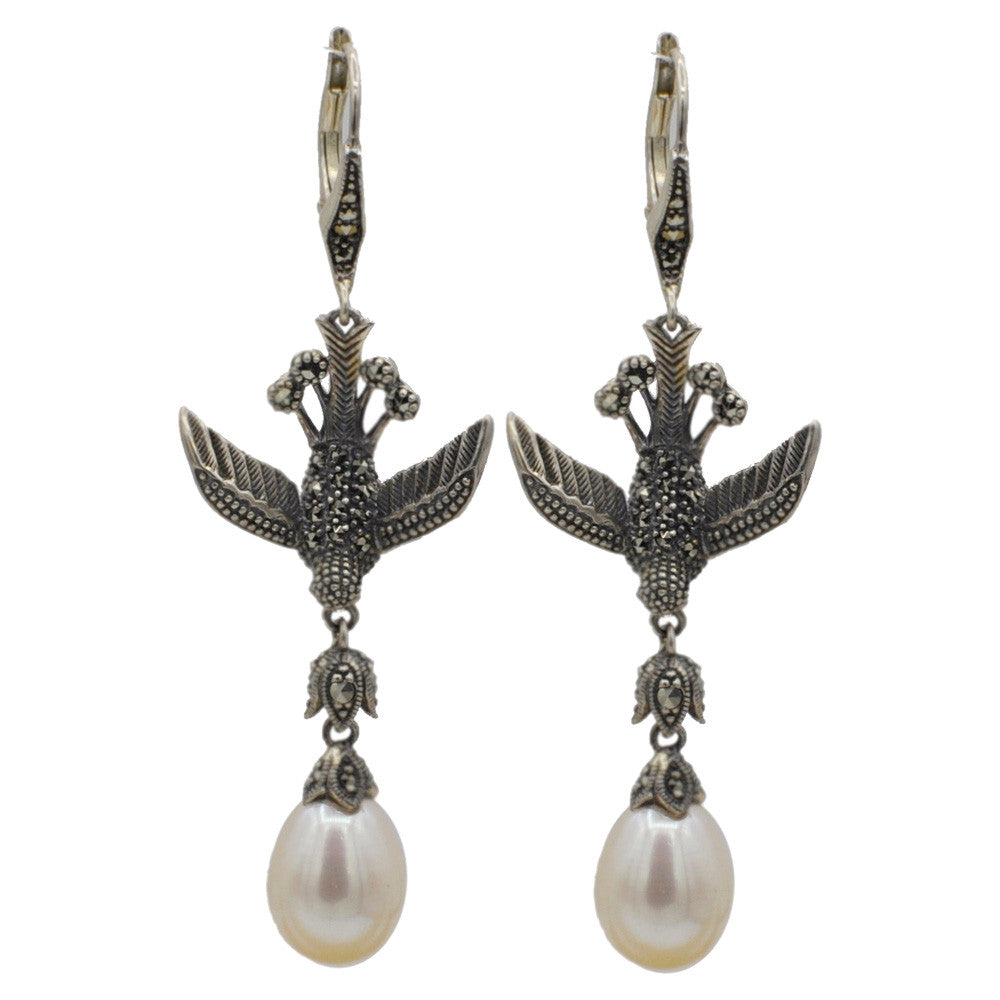 BOUCLE D'OREILLE PERLE NATURELLE ET OISEAU EN ARGENT 925 ET MARCASSITE - MY LITTLE VENDOME