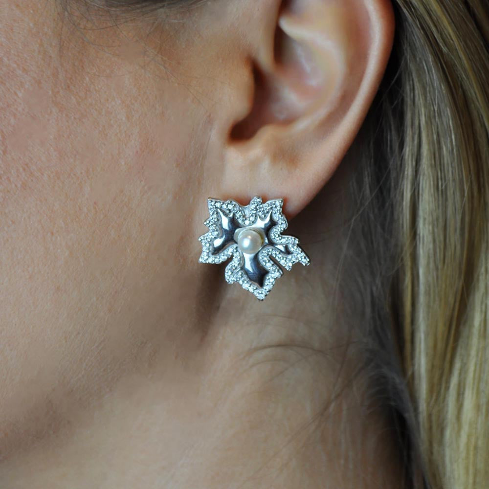 BOUCLE OREILLE FEUILLE ARGENT & PERLE - CRISTAL DE ROCHE NATUREL - MY LITTLE VENDOME
