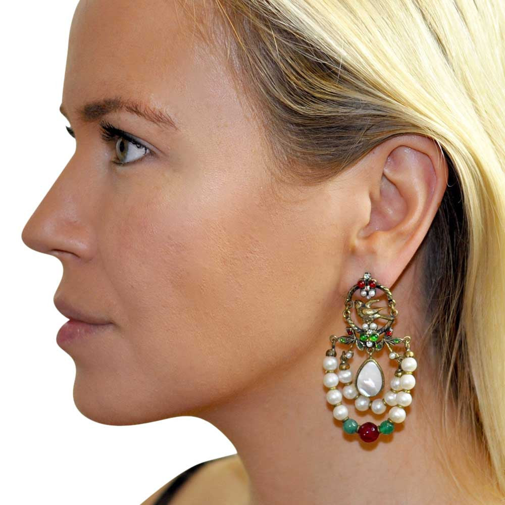 BOUCLES D'OREILLES CHANDELIER VINTAGE DE STYLE VICTORIEN EN PERLES NATURELLES ET PIERRES SEMI-PRÉCIEUSES - MY LITTLE VENDOME