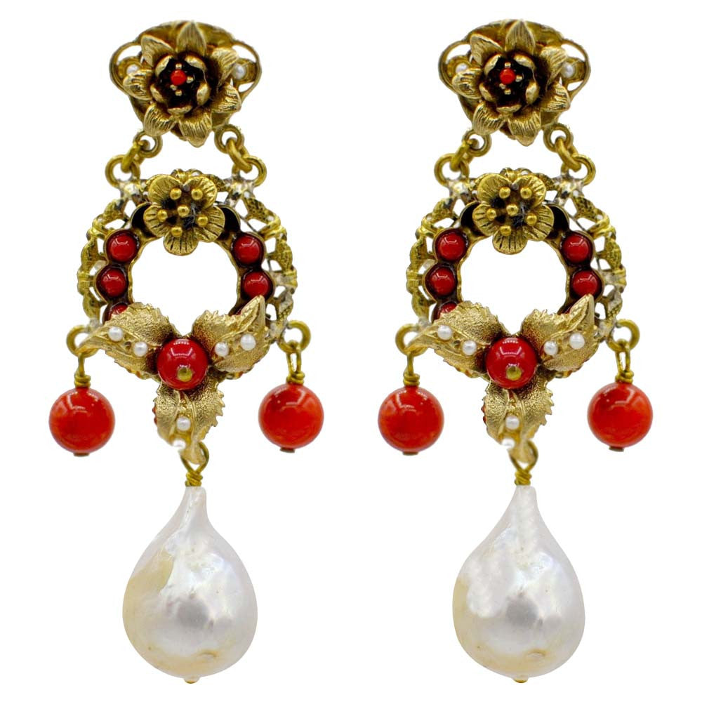 BOUCLES D'OREILLES VINTAGE DE STYLE VICTORIEN EN BAKÉLITE ROUGE ET PERLES NATURELLES BAROQUES - MY LITTLE VENDOME