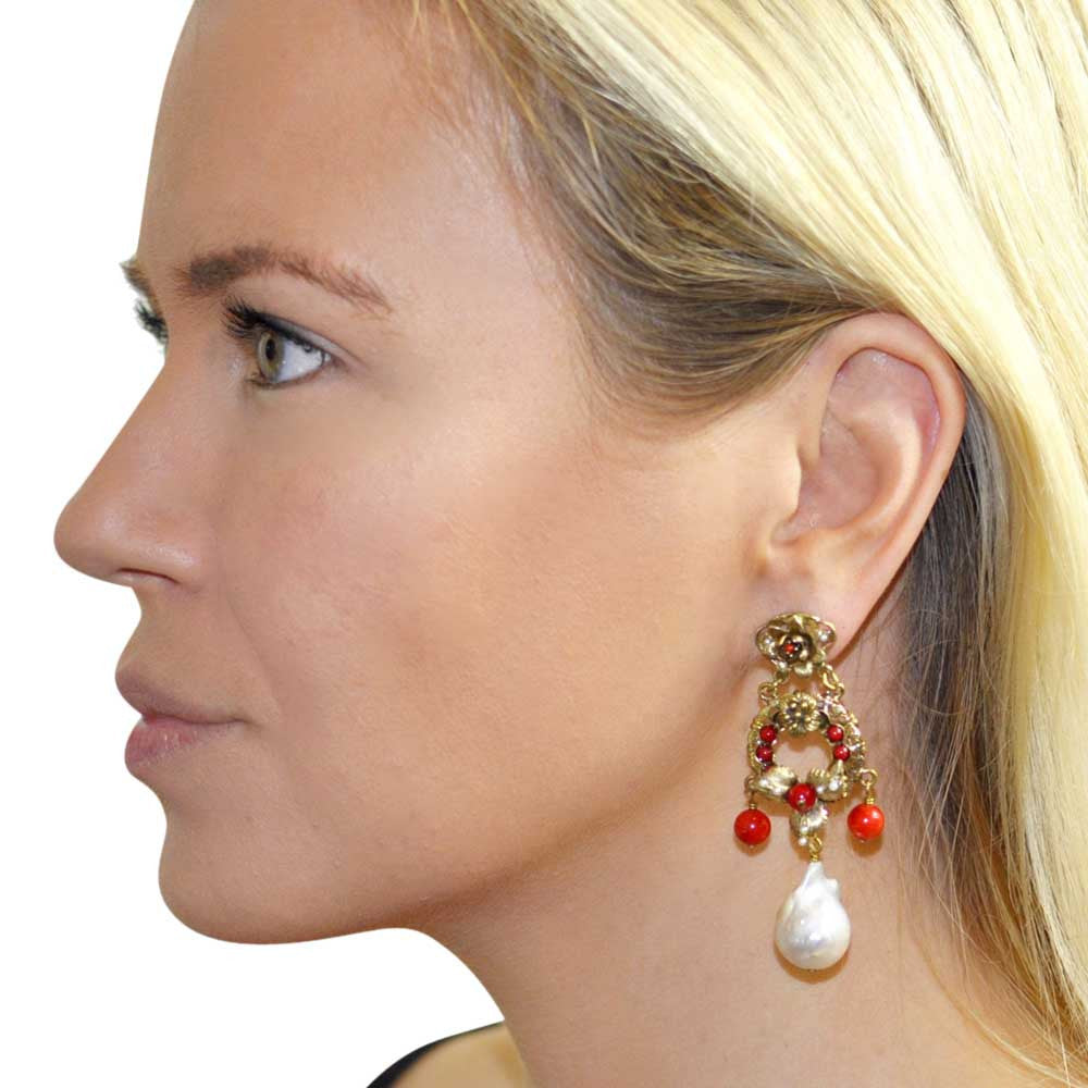 BOUCLES D'OREILLES VINTAGE DE STYLE VICTORIEN EN BAKÉLITE ROUGE ET PERLES NATURELLES BAROQUES - MY LITTLE VENDOME