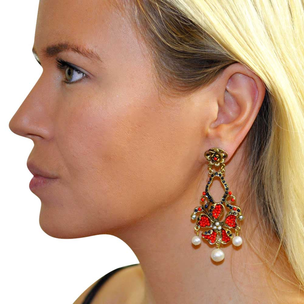 BOUCLES D'OREILLES VINTAGE DE STYLE VICTORIEN EN CORAIL ROUGE ET PERLES NATURELLES - MY LITTLE VENDOME