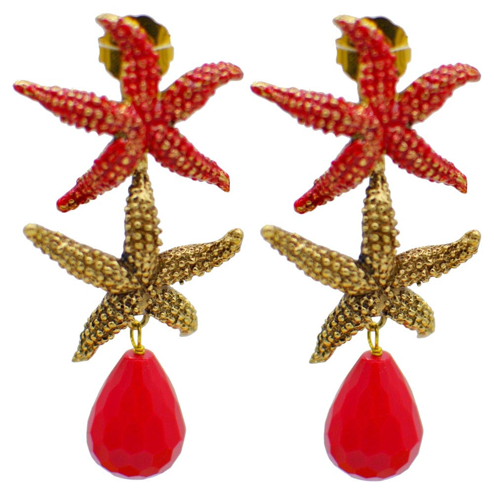 BOUCLES D'OREILLES VINTAGE ÉMAILLÉES ETOILE DE MER ET BAKÉLITE ROUGE - MY LITTLE VENDOME