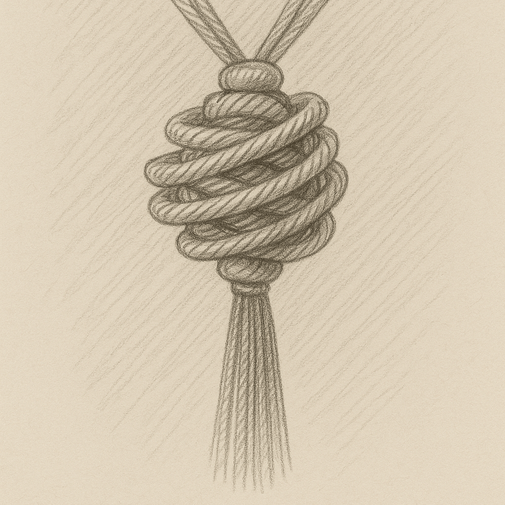 Croquis au crayon sur fond crème du pompon du sautoir POMPON OPERA