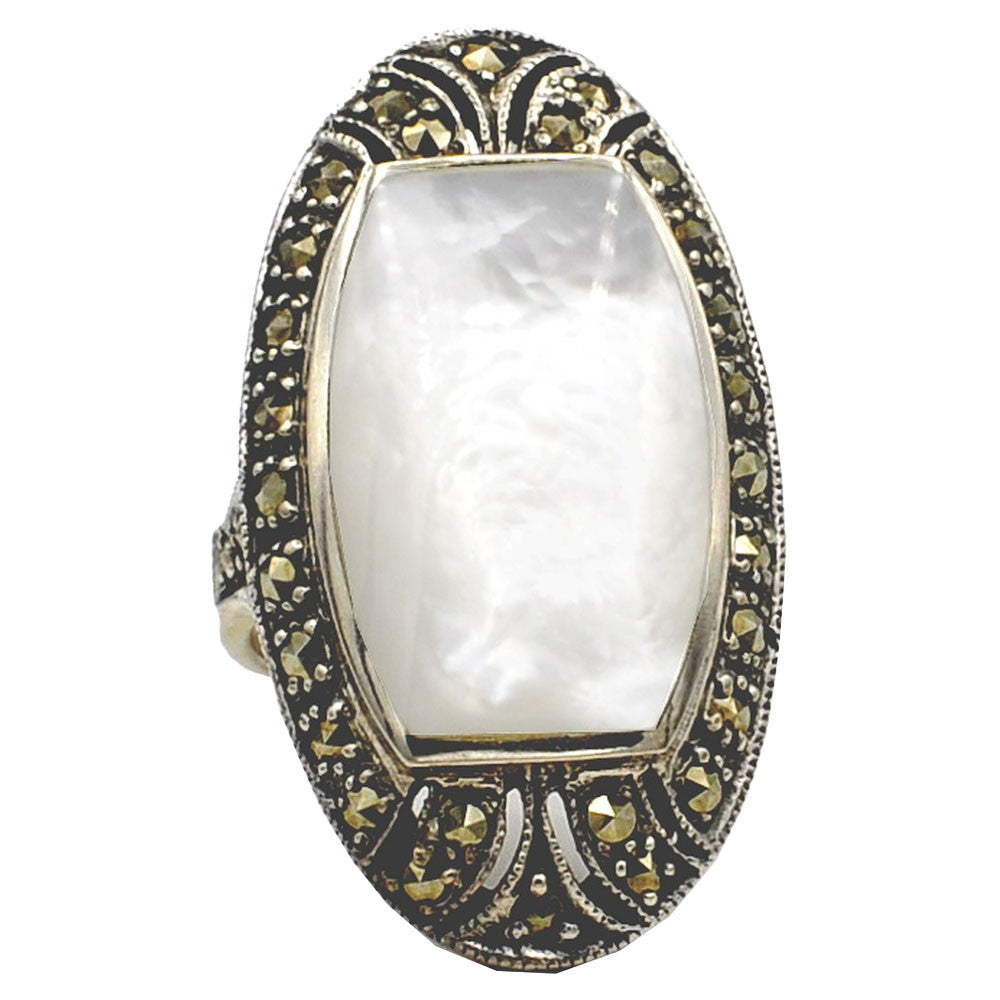 ART DECO MOTHER-OF-PEARL & MARCASITE RING - SILVER 925 - MY LITTLE VENDOME