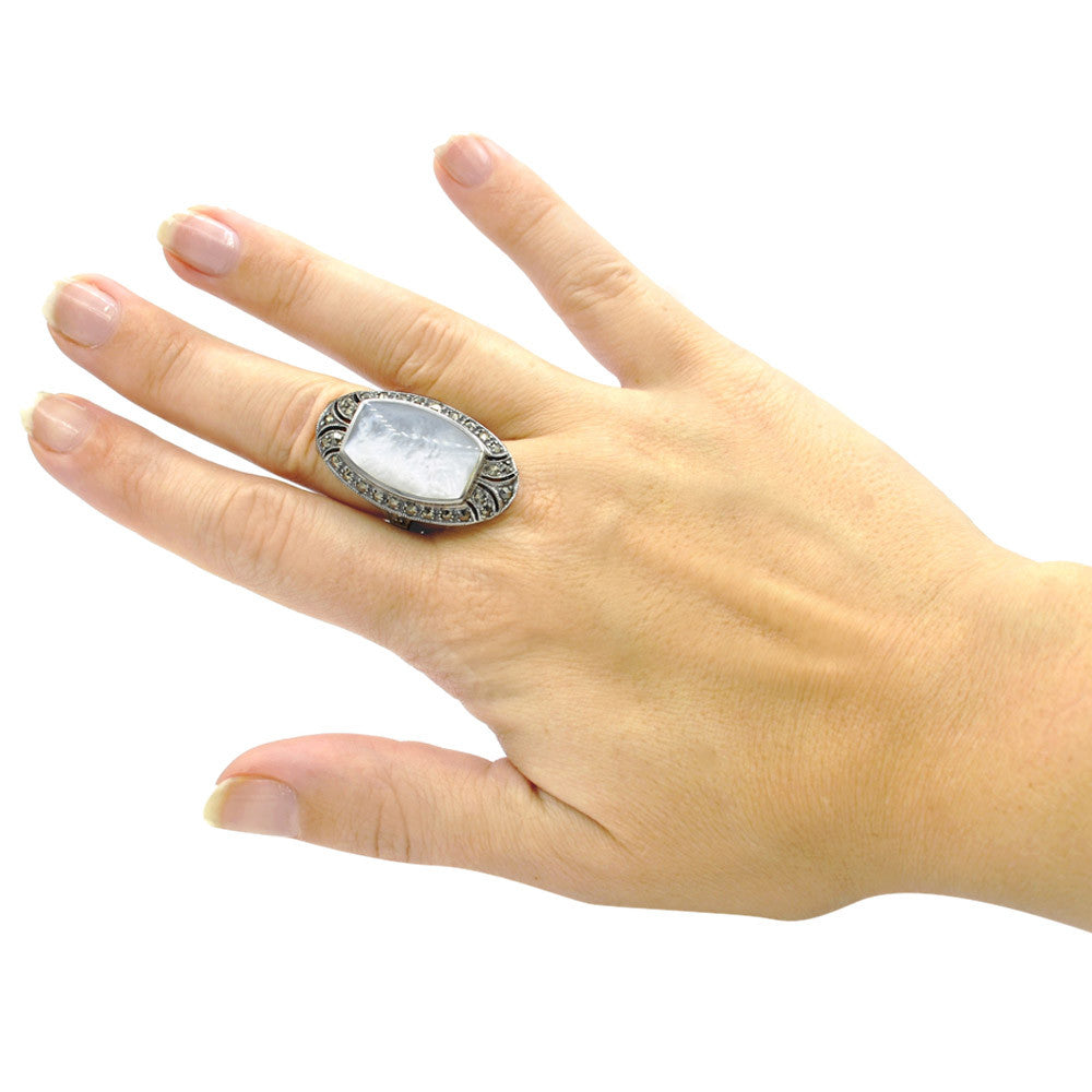 ART DECO MOTHER-OF-PEARL & MARCASITE RING - SILVER 925 - MY LITTLE VENDOME