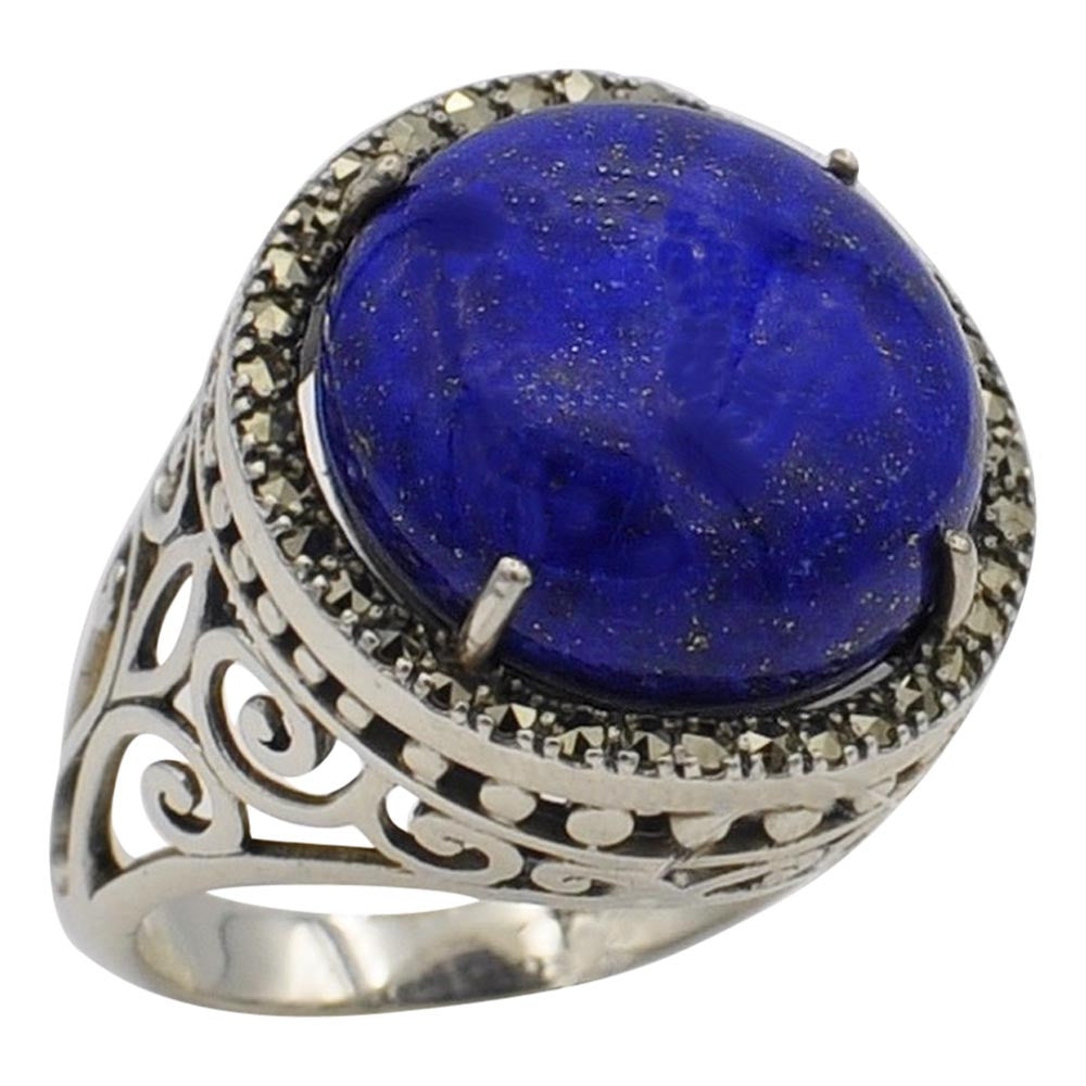 925 SILVER LAPIS LAZULI & MARCASITE ART DECO RING - MY LITTLE VENDOME