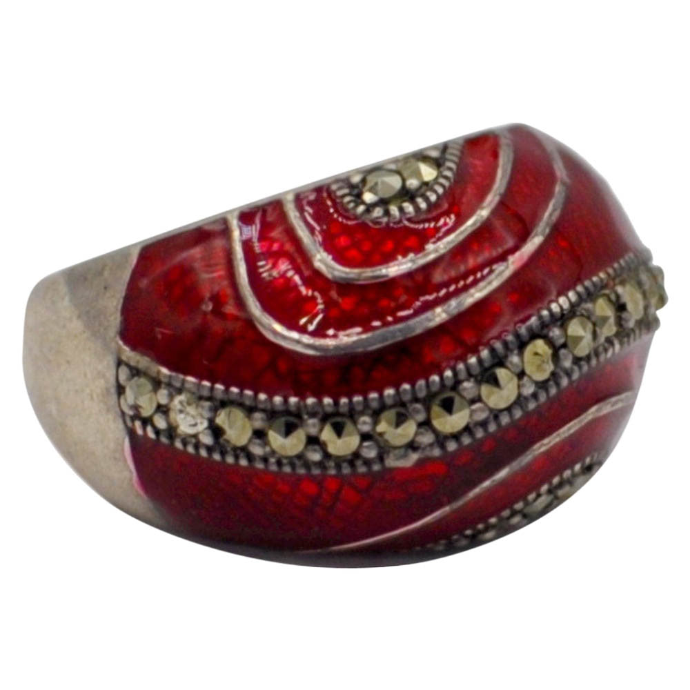 VINTAGE RED ENAMELLED RING IN 925 STERLING SILVER AND SEMI-PRECIOUS STONES - MY LITTLE VENDOME