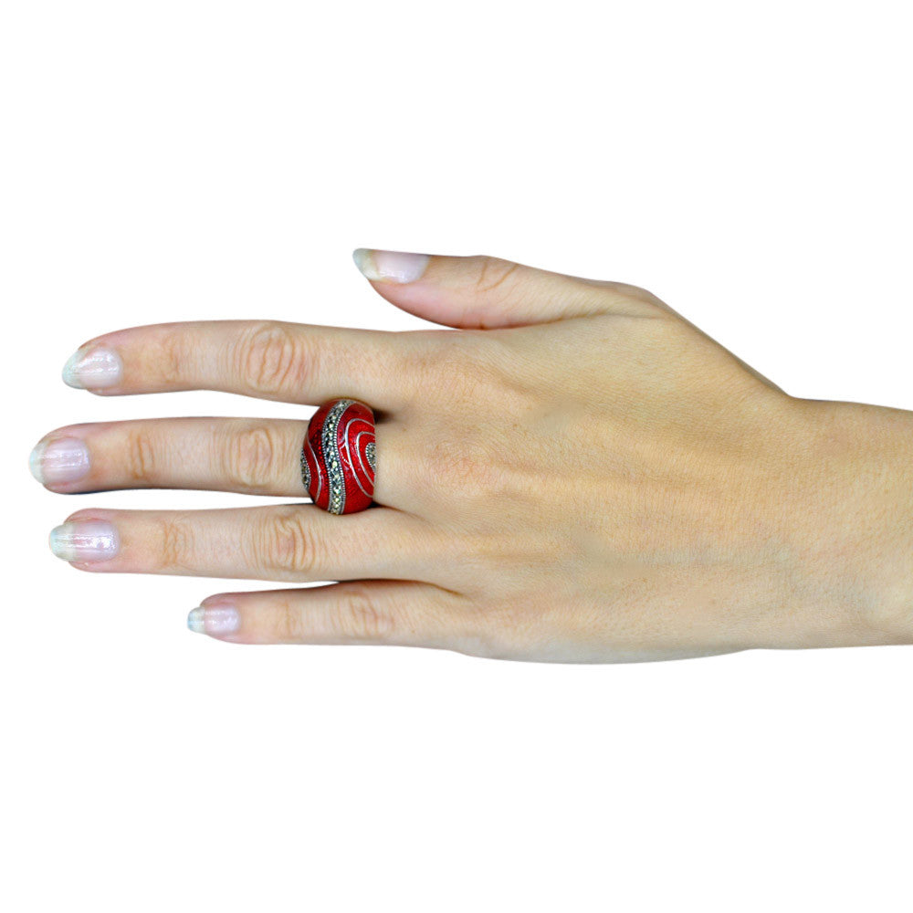 VINTAGE RED ENAMELLED RING IN 925 STERLING SILVER AND SEMI-PRECIOUS STONES - MY LITTLE VENDOME
