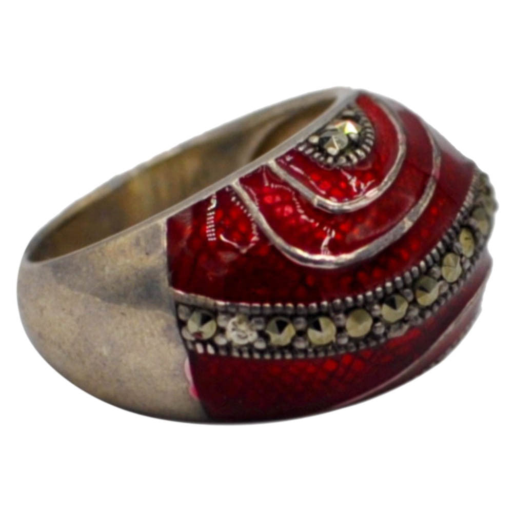 VINTAGE RED ENAMELLED RING IN 925 STERLING SILVER AND SEMI-PRECIOUS STONES - MY LITTLE VENDOME