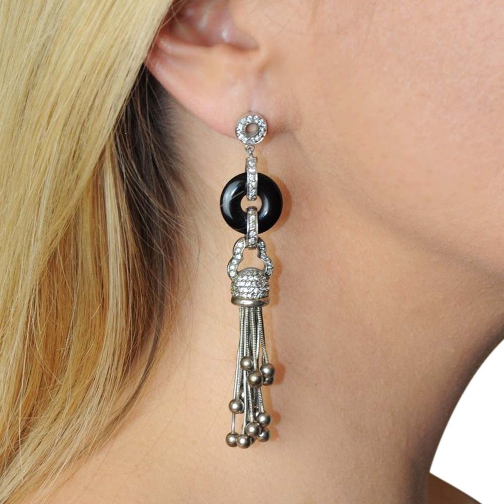 925 SILVER ART DECO POMPOM & ONYX EARRINGS - MY LITTLE VENDOME