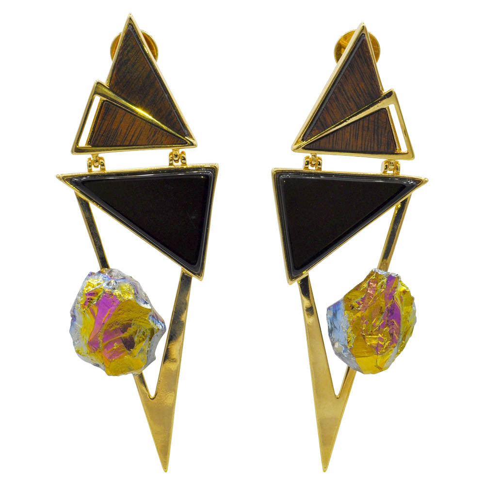 GRAPHIC EARRING - ONYX - MULTICOLORED QUARTZ DRUSE - WOOD - MY LITTLE VENDOME