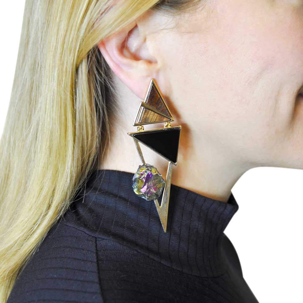 GRAPHIC EARRING - ONYX - MULTICOLORED QUARTZ DRUSE - WOOD - MY LITTLE VENDOME