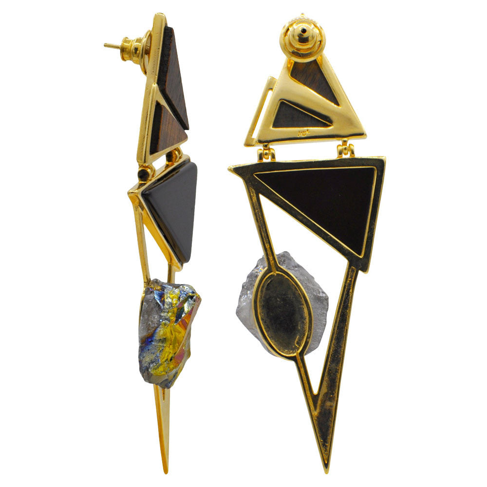 GRAPHIC EARRING - ONYX - MULTICOLORED QUARTZ DRUSE - WOOD - MY LITTLE VENDOME
