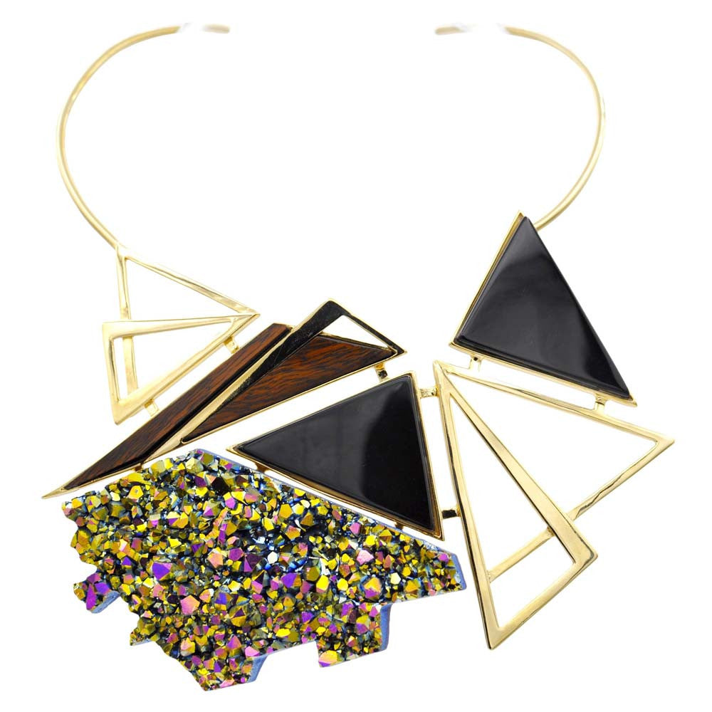 PLASTRON NECKLACE 18 CARAT GOLD - ONYX, TITANIUM & WOOD - MY LITTLE VENDOME