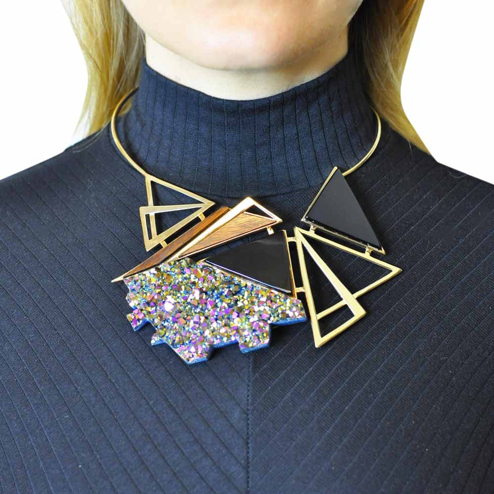 PLASTRON NECKLACE 18 CARAT GOLD - ONYX, TITANIUM & WOOD - MY LITTLE VENDOME