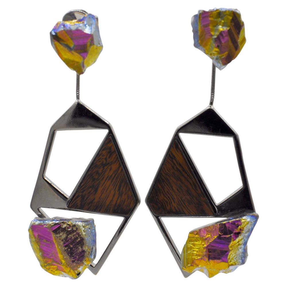 RECYCLED ETHNIC EARRING - WOOD - MULTICOLORED QUARTZ - MY LITTLE VENDOME