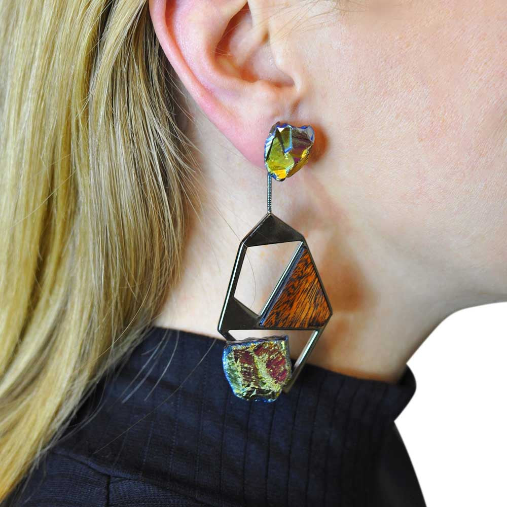 RECYCLED ETHNIC EARRING - WOOD - MULTICOLORED QUARTZ - MY LITTLE VENDOME