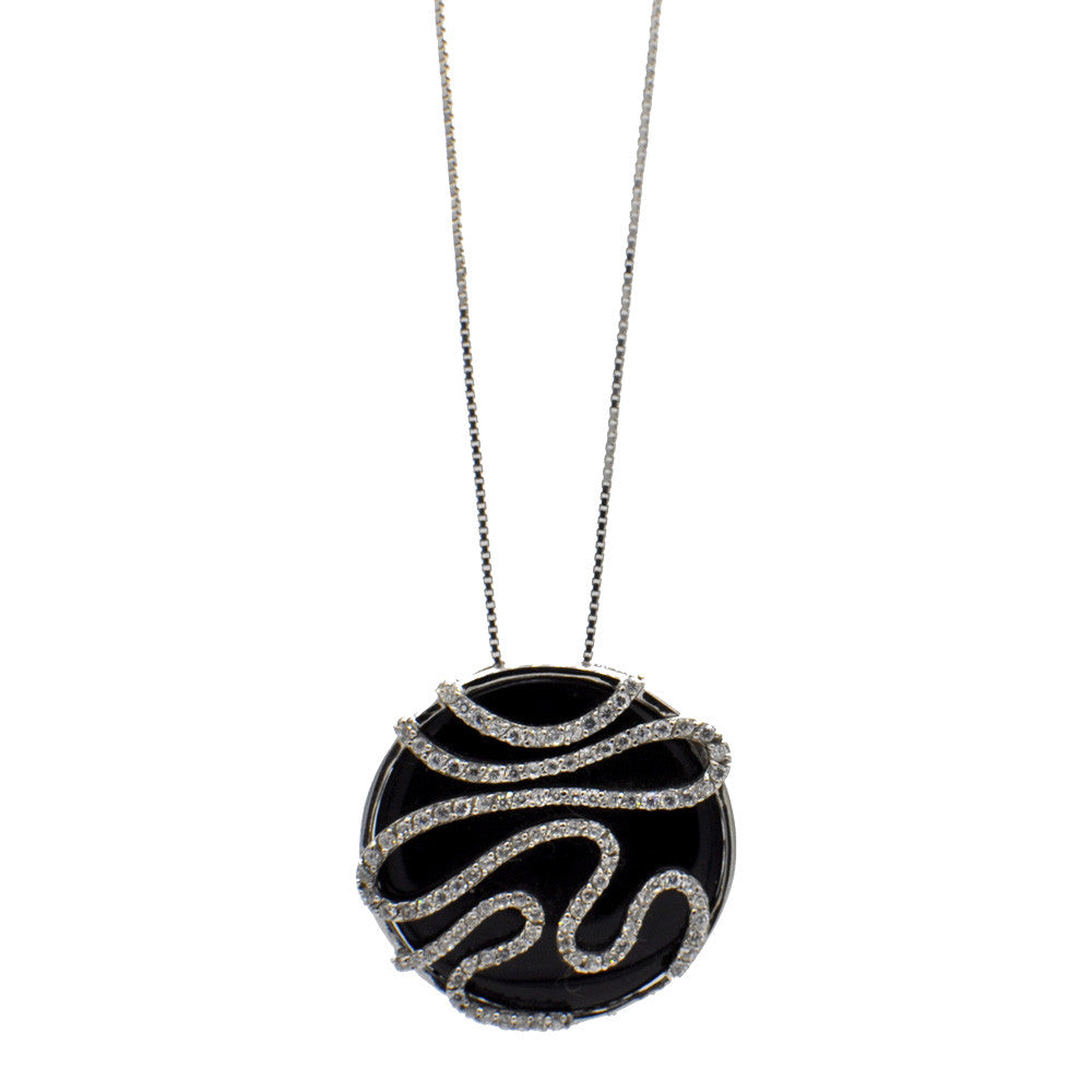 COLLIER PENDENTIF CERCLE EN ARGENT 925, BAKÉLITE NOIR ET PIERRES SEMI-PRÉCIEUSES - MY LITTLE VENDOME