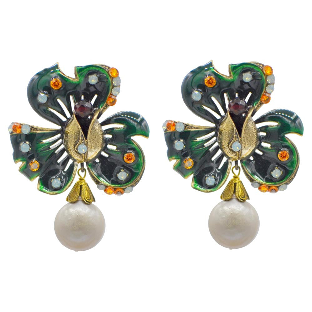 BOUCLES D'OREILLES VINTAGE DE STYLE VICTORIEN - FLEUR VERTE ÉMAILLÉE, PERLE NATURELLE ET PIERRES SEMI-PRÉCIEUSES - MY LITTLE VENDOME