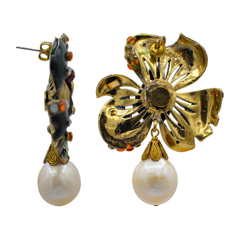 VINTAGE VICTORIAN EARRINGS - ENAMELED GREEN FLOWER, NATURAL PEARL AND SEMI-PRECIOUS STONES - MY LITTLE VENDOME