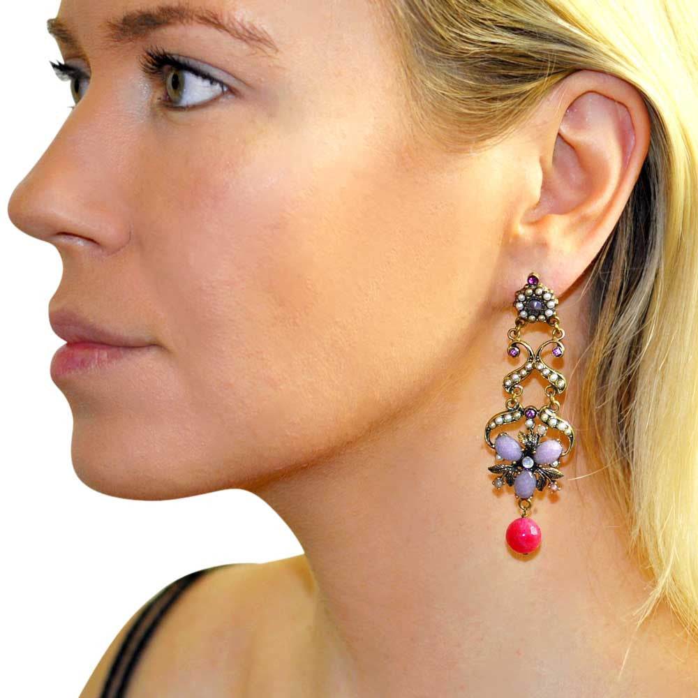 BOUCLES D'OREILLES VINTAGE ROSE DE STYLE VICTORIEN, PERLES NATURELLES ET PIERRES SEMI-PRÉCIEUSES - MY LITTLE VENDOME
