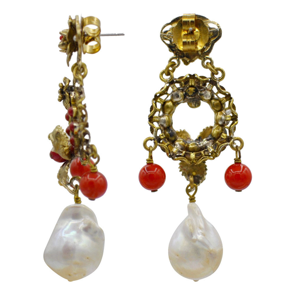 BOUCLES D'OREILLES VINTAGE DE STYLE VICTORIEN EN BAKÉLITE ROUGE ET PERLES NATURELLES BAROQUES - MY LITTLE VENDOME