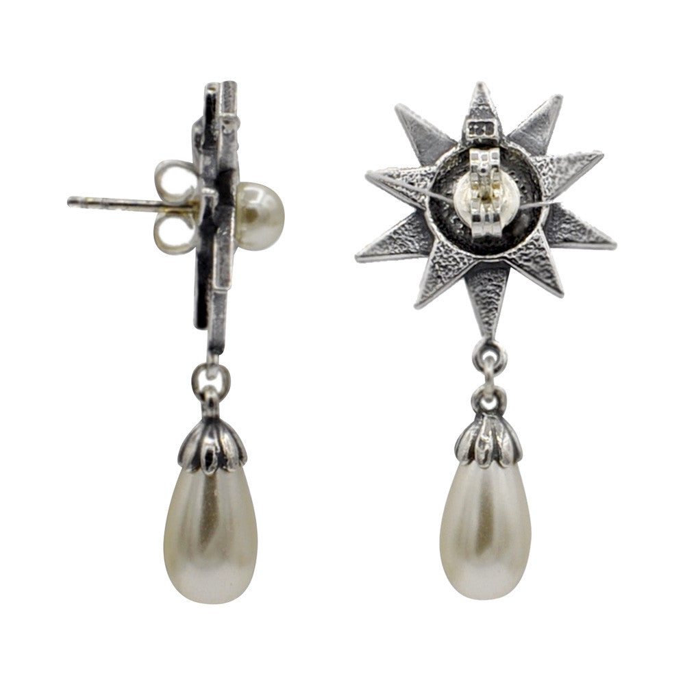 BOUCLE D'OREILLE ETOILE ART DÉCO EN ARGENT 925, PERLE NATURELLE ET PIERRES SEMI PRÉCIEUSES - MY LITTLE VENDOME