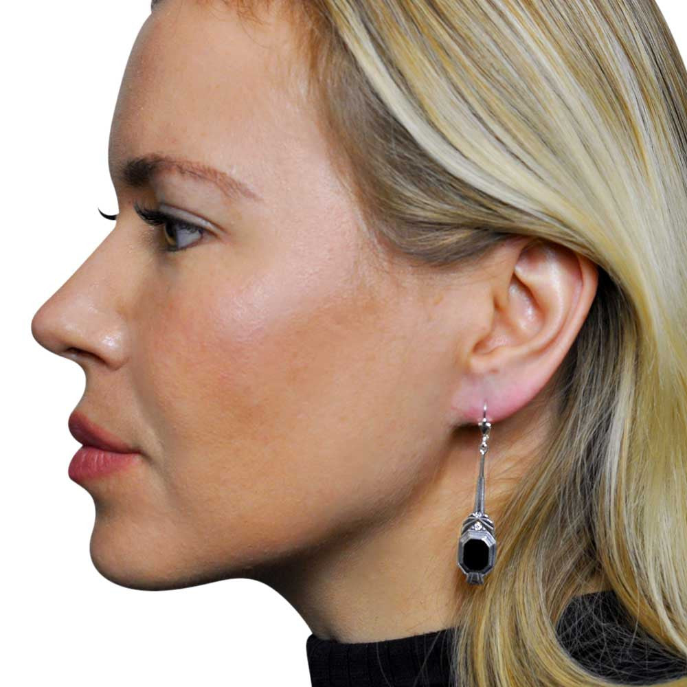 925 SILVER AND SEMI-PRECIOUS STONES ART DECO EARRING, BLACK ENAMEL - MY LITTLE VENDOME