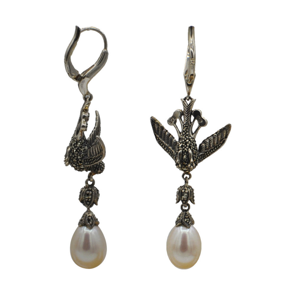 925 SILVER AND MARCASITE NATURAL PEARL AND BIRD EARRING - MY LITTLE VENDOME