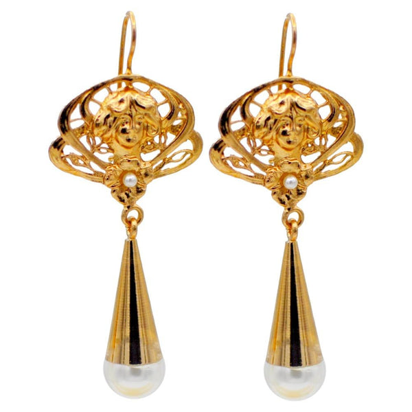 Boucles D'oreilles Anciennes Portrait Peintes à La Main - Or 14K Et Perles Véritables, Style Biedermeier