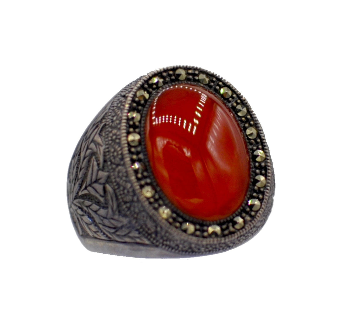 Broche Vintage En Argent 835 Avec Agate Rouge Cabochon - Style Fleuri, Occasion