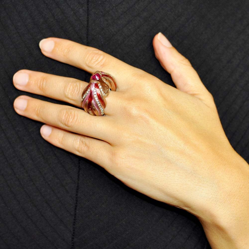 BAGUE VINTAGE ÉMAILLÉE OR ROSE VERMEIL ET QUARTZ ROSE - MY LITTLE VENDOME