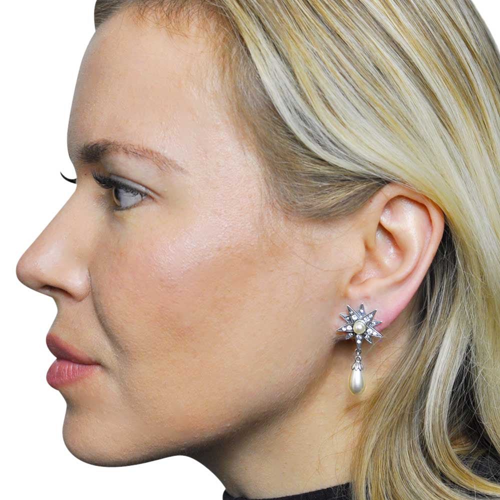 BOUCLE D'OREILLE ETOILE ART DÉCO EN ARGENT 925, PERLE NATURELLE ET PIERRES SEMI PRÉCIEUSES - MY LITTLE VENDOME