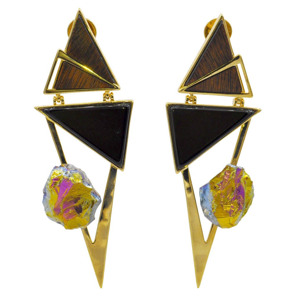 BOUCLE D'OREILLE GRAPHIQUE - ONYX - QUARTZ DRUSE MULTICOLORE - BOIS - MY LITTLE VENDOME