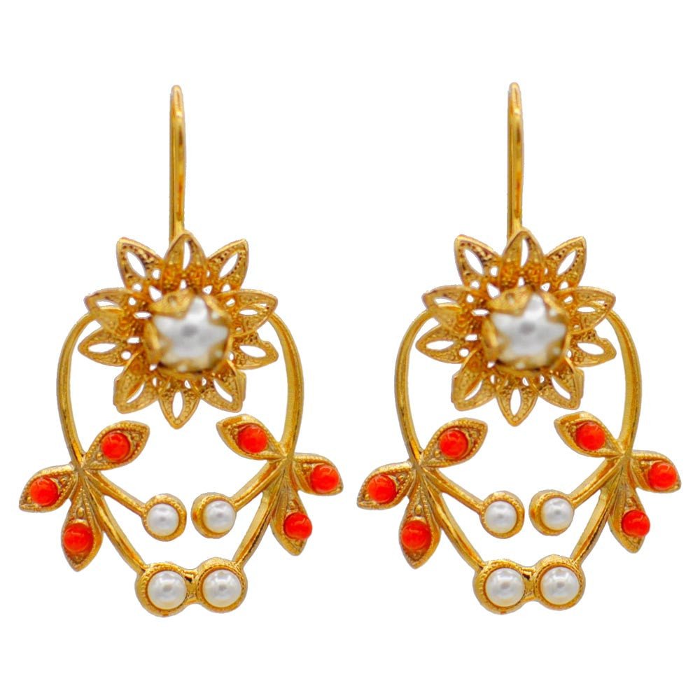 BOUCLES D'OREILLES PERLE & CORAIL, FLEUR, BOUCLE OREILLE ART NOUVEAU, BOUCLES D'OREILLES OR ROSE VENITIEN 14 CARATS - MY LITTLE VENDOME